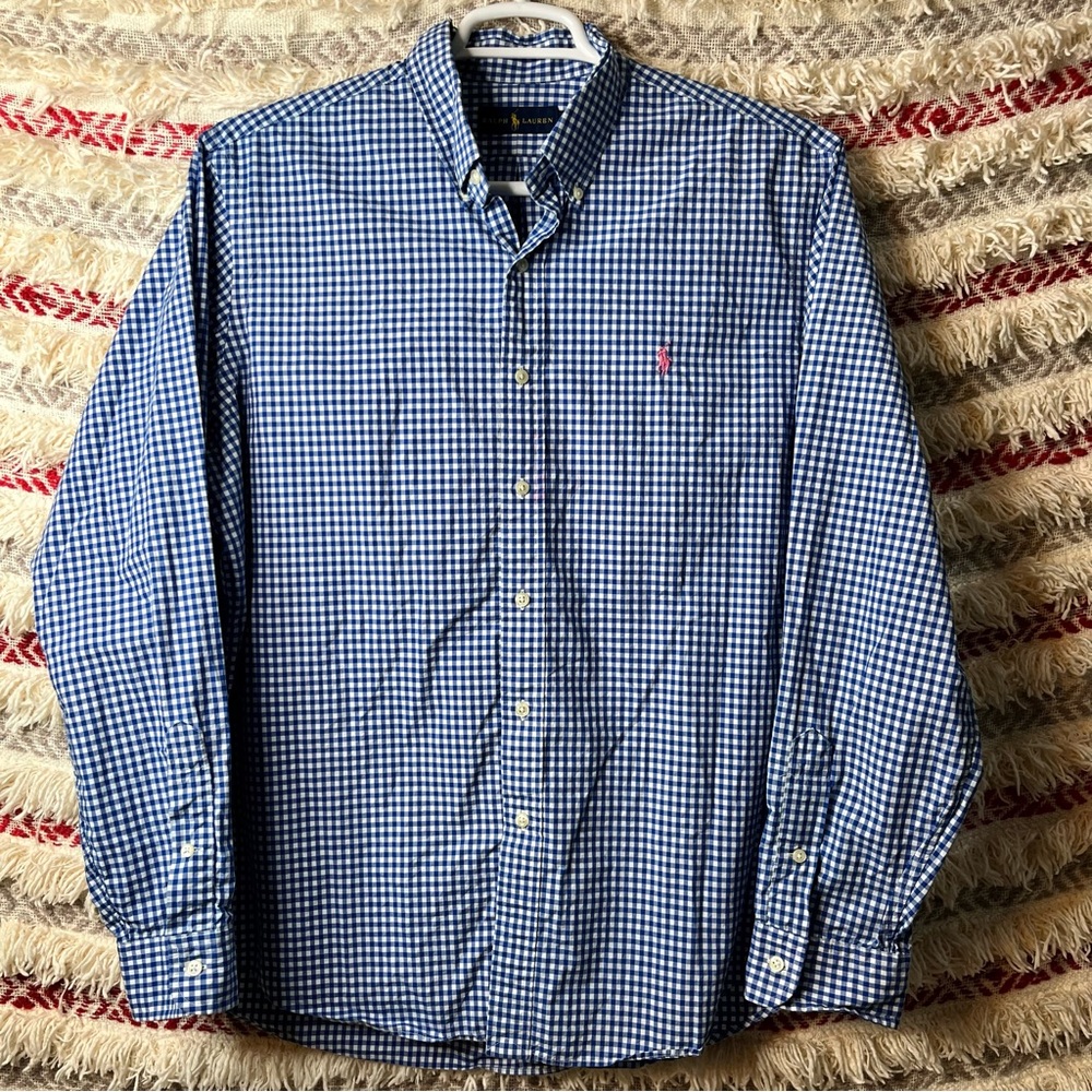 Ralph Lauren Checkered Blue/White Dress Shirt Size XL